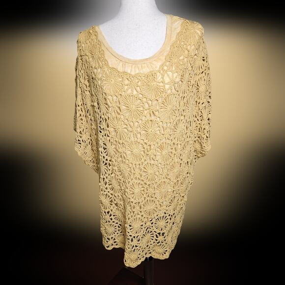 Dress Barn Mustard Yellow Crochet Scoop Neck Tunic Top Open Knit Size 2x - Picture 1 of 14